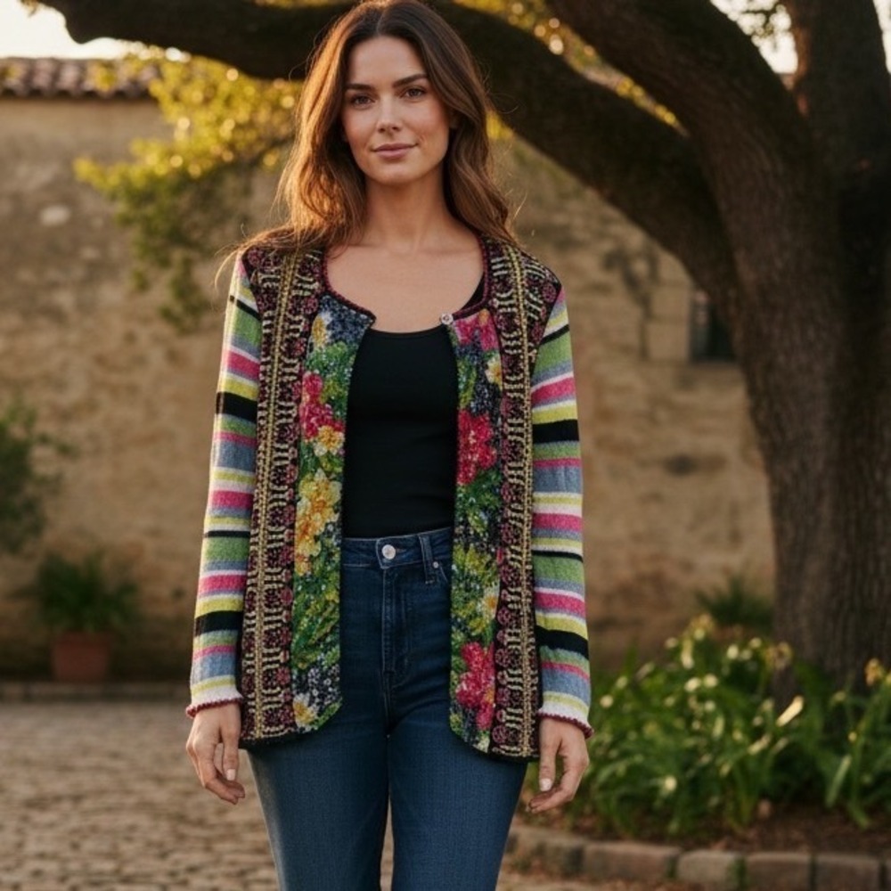 Bazar Christian Lacroix Floral Sequin Knit Cardigan Multi Color Striped Womens M